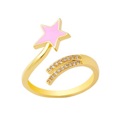 RM1322 Fashion CZ paved 18k Gold Plated Diamond Cubic Zirconia CZ Micro Pave Rainbow Enamel Star Rings  for Ladies