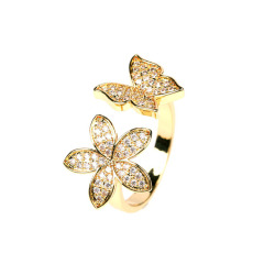 RM1130 Chic 18k Gold Plated Bling Crystal Butterfly Finger Rings for ladies,Diamond Zircon CZ Micro Paved Leaf Rings for women