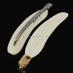 CZ7283 Hot sale Ox leaf bone pendant,CZ micro pave carved feather pendant.