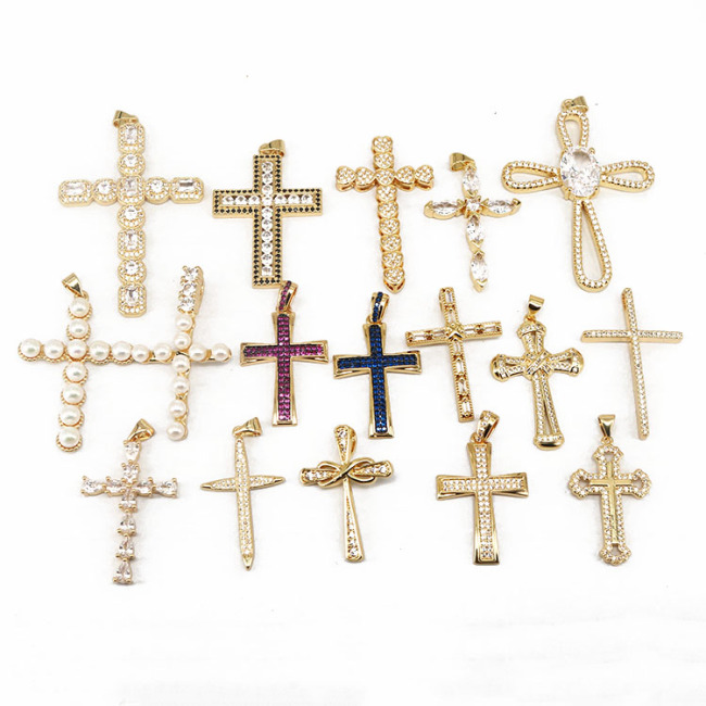 CZ8101 Dainty 18K Gold Plated Crystal CZ Diamond Paved Cross Charm Pendants,Cubic Zirconia Inlaid Cross Catholic Pendant