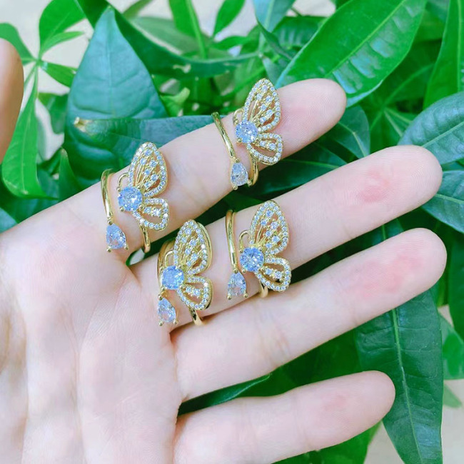 RM1363 Dainty New Gold Crystal Diamond CZ Paved Double Triple Layer Filigree Cluster Butterfly Rings for Ladies Women 2021