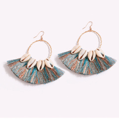 ET1062 High Quality Handmade Chic Shiny Silk Tassel Cowrie Shell Earrings Hoop Earrings
