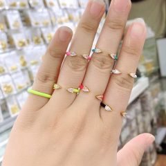 RM1269 Hot Selling Simple Chic Colorful Enamel Rainbow Double Teardrop Cubic Zirconia CZ  Open Rings for Ladies Women