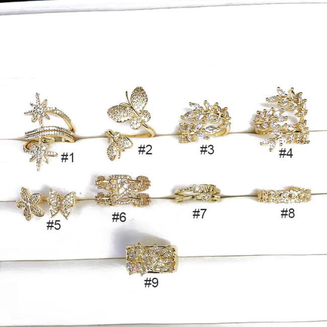 RM1130 Chic 18k Gold Plated Bling Crystal Butterfly Finger Rings for ladies,Diamond Zircon CZ Micro Paved Leaf Rings for  women