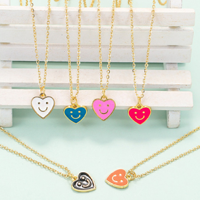 NM1193 2021 Fashion Popular Jewelry Mini Gold Enamel Square Heart Smile Happy Face Smiley Pendant Stainless Steel Chain Necklace