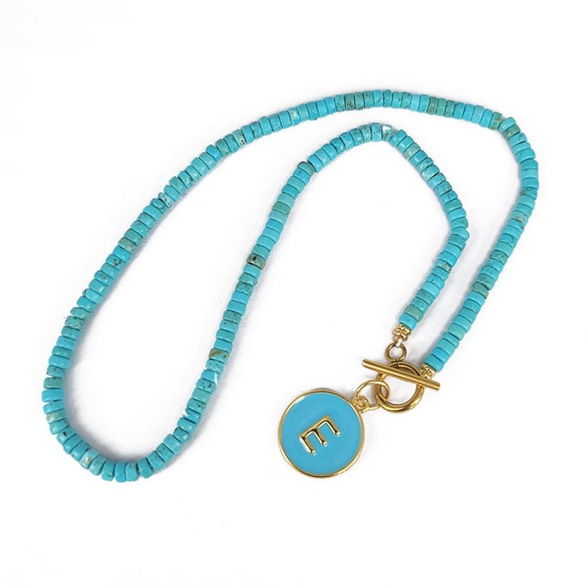 NN1139 Fashion Natural Turquoise Stone Heishi Beaded Toggle Clasp Enamel Letter Initial Choker Necklace