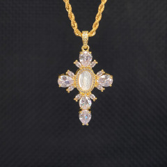 NZ1335 Cubic Zirconia CZ Micro Pave Virgin Mary Cross necklace, Diamond Cross Religious Stainless Steel Rope Chain Necklace,