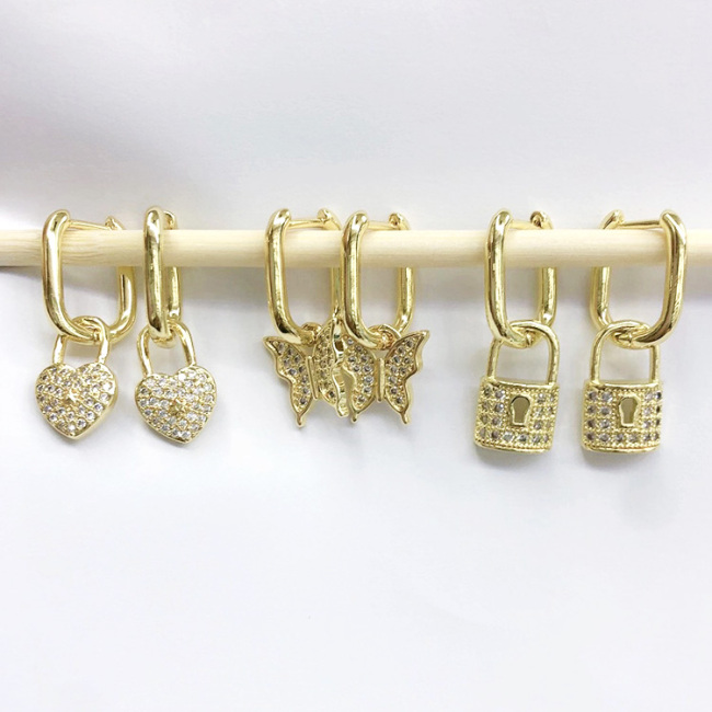 EC1620 2020 Womans Fashion Dainty CZ Lock Butterfly Charm Earrings,  CZ Micro Butterfly Hoop Huggie Earring