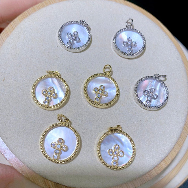 CZ8121Dainty White Shell cz micro pave Disc charm Pendants, Zircon Paved Star Crescent Heart, Cross ,Smile,Girls Mary Charms