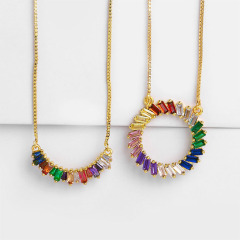 NZ1301 18k gold plated Rainbow Colorful Cubic Zirconia Crystal CZ Baguette Bar Circle Pendant Choker Necklace for Women Ladies