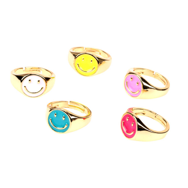 RA1009 Hot Selling Enamel 18k Gold Plated Smiley Happy Face Signet Adjustable Rings for Ladies