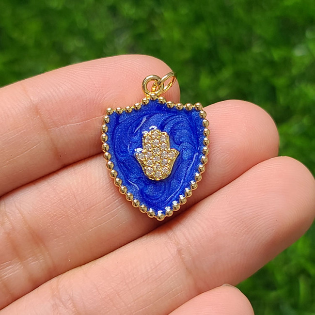 CZ840118k Gold Plated Micro Pave CZ Hamsa Hand On Enamel Colorful Shield Shape Pendants