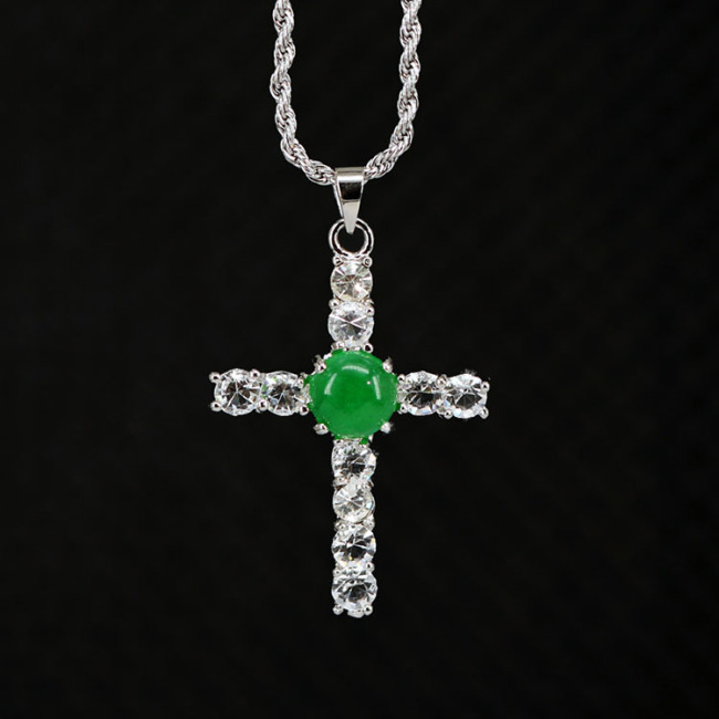 NN1136 Stainless Steel Chain Round Disc Natural Jade Cross Necklace Chinese Style Lucky Jewelry Jade Necklace