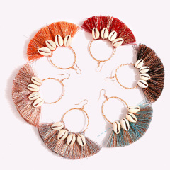 ET1062 High Quality Handmade Chic Shiny Silk Tassel Cowrie Shell Earrings Hoop Earrings