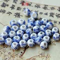Hand Painted Ceramic Blue White Porcelain Round Beads ,Chinoiserie China Blue White Double Happiness Longevity Flower Beads