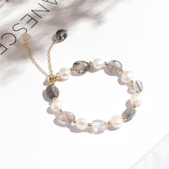 Popular Chic adjustable Slide Chain 18k gold plated natural Crystal quartz bracelet baroque freshwater pearl bracelet for women