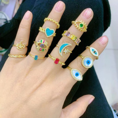 RM1399 Chic Everyday Stacking 18k Gold Plated over Brass CZ Paved Baguette Turquoise Stone Moon and Star Rings for Ladies