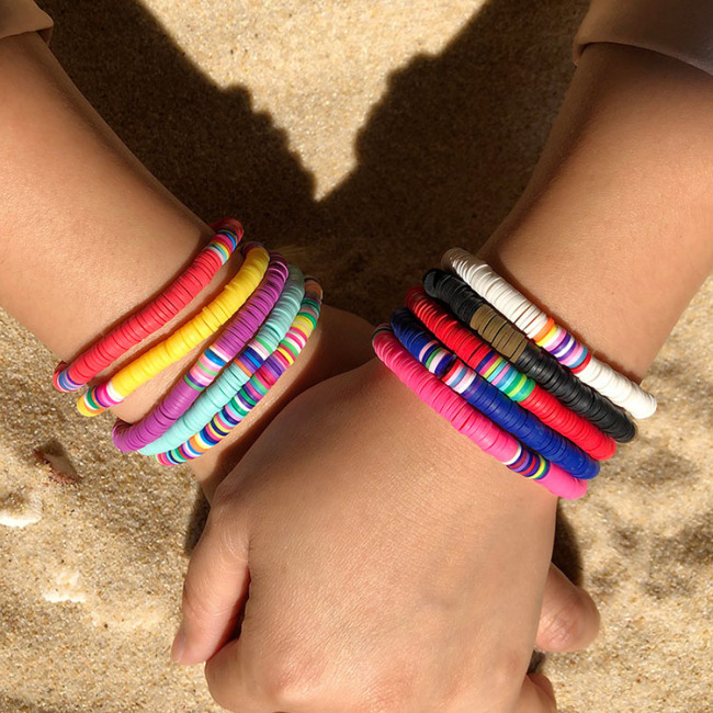 BP1011 Trial Jewellery Multicolor Bohemian Elastic Heishi Beads Bracelets, African Vinyl Polymer Filo Clay Disc Beads Bracelets