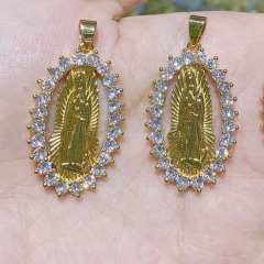 CZ8468 Hotsale Charm 18k Gold Plated Rainbow CZ Micro Paved Blessed Mother Mary Saint Halo Religious Pendants