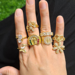 RM1386 18K Gold CZ Micro Pave Baguette ring, cubic zirconia Virgin Mary Virgen de Guadalupe ring, Zircon Flower Butterfly Rings,