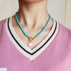 NN1140 Fashion Natural Turquoise Stone Heishi Beaded Gold Plated Stainless Steel Toggle Clasp Enamel Evil Eye Choker Necklace