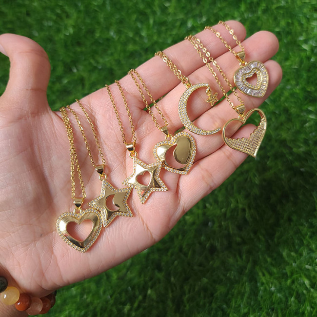 NZ1299  Fashion 18k Gold Hollow Star Heart Shaped Moon Crescent and Star Celestial Jewelry Necklace