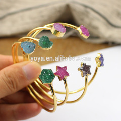 BRH1521 Fashion Gold Plated Natural Quartz Druzy Cuff Bangle,Heart Star Druzy Bangle