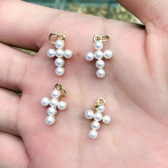 Dainty Mini18k GOld Plated Pave Pearl Beaded CZ Cross Charm Pendants for Bracelet Necklace Making,Religious jewelry supplies