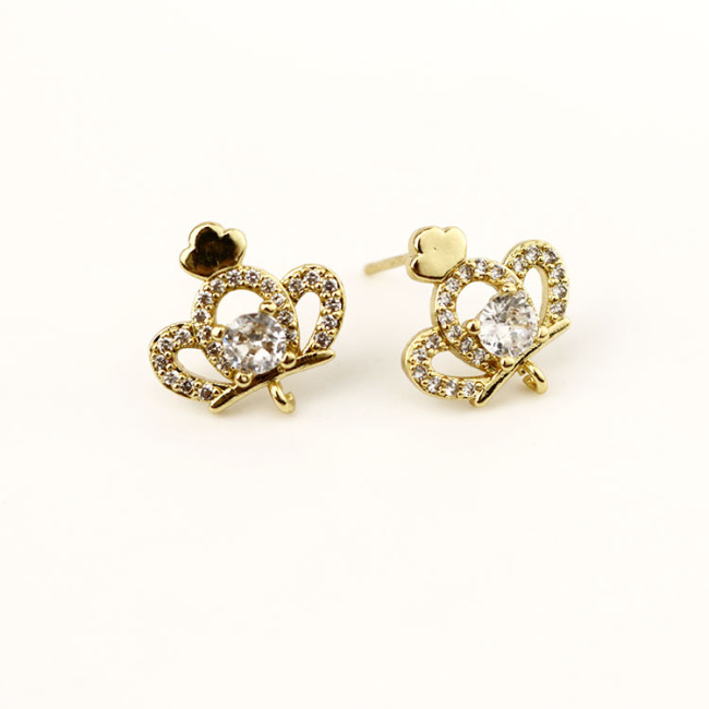 EC1244 Earring Findings Gold CZ Micro Pave Fish Heart Eye Cross Star Skull Stud Earring Post with Connector Open Ring Loop