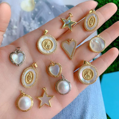 CZ8522 18K Gold CZ Pave Mother of pearl Shell Star Heart Evil Eyes medal Virgin Mary Virgin of Guadalupe pendant, CZ8522 18K Gold CZ Pave Mother of pearl Shell Star Heart Evil Eyes medal Virgin Mary Virgin of Guadalupe pendant,