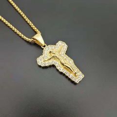 NS1150 New 18K gold plated stainless steel box chain cross necklace, charm stainless steel CZ cross pendant men necklace