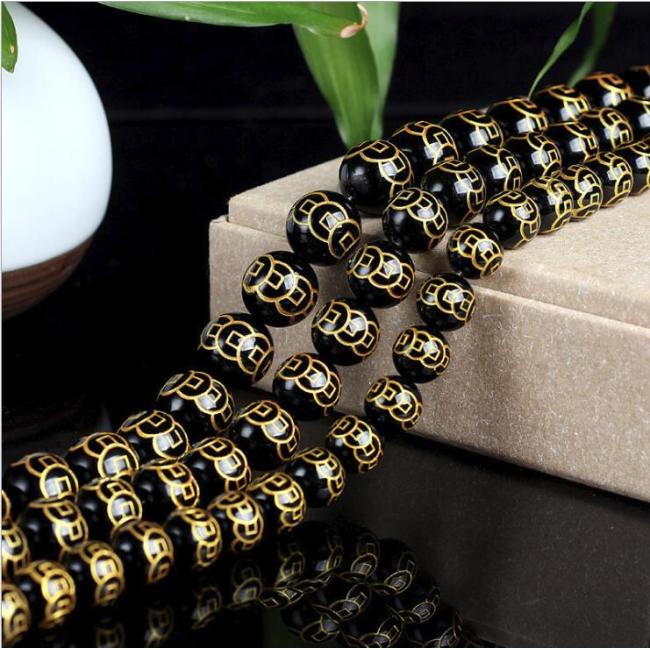 AB0683 Gold Engraved and Painted Ancient Chinese Coin Black Onyx Agate Beads