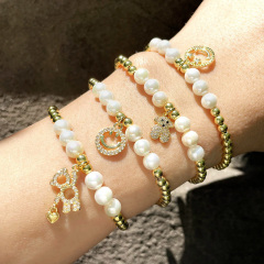 BC1336 Fashion CZ Pave Bear charm pearl women bracelet ,trendy tiny gold plated copper bead wrist ladies bracelet
