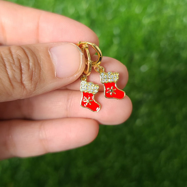 EC1794 Fashion Christmas Xmas Jewelry Gift,Dainty Multicolor Enamel CZ Paved Christmas Santa Claus Sock Tree Earring For Ladies