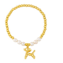 BM1072 4MM Gold Beads Shell Pearl Beaded Elastic Bracelet with Balloon Puppy Dog Charm for Ladies Women