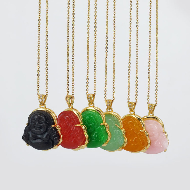 Stainless Steel Crystal Edge Buddha Pendant Necklace Multi Color Natural Jade Religious Maitreya Jade Pendant Buddha Necklace
