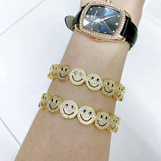 BC2038 Fashion 18K Gold Plated Brass Bracelet Zircon CZ Micro Pave Smiley Happy Face Link Chain Hand Cuff Chain Bangle Bracelets