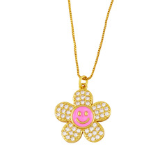NZ1221 NEW 18K gold plated brass cz diamond micro pave enamel sun flower smiley Charm Pendant Necklaces