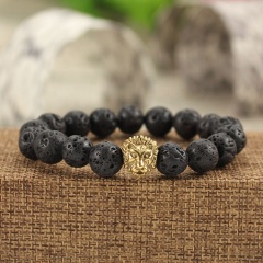 BRS1503 natural lava stone bead stretch bracelet,stainless steel lion head mens bracelet