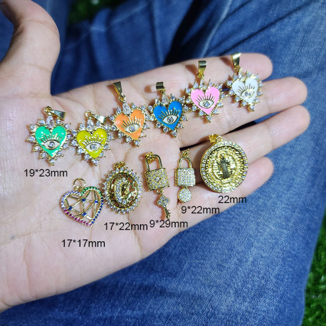 CZ8494 Dainty CZ Micro Pave Jewelry Charms 18k Gold CZ Paved Enamel Heart Lock and Key Saint Benedict Charm Pendants