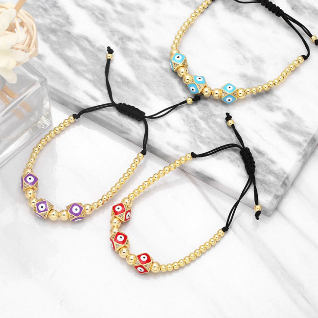 BM1093 18k Gold Plated Beaded Enamel Evil Eyes Dodecahedron Shape Bead Macrame Adjustable Bracelets