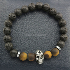 BN3028 fashion 8mm gemstone lava skull mens bracelet,tiger eye lava bead stainless steel skull elastic bracelet