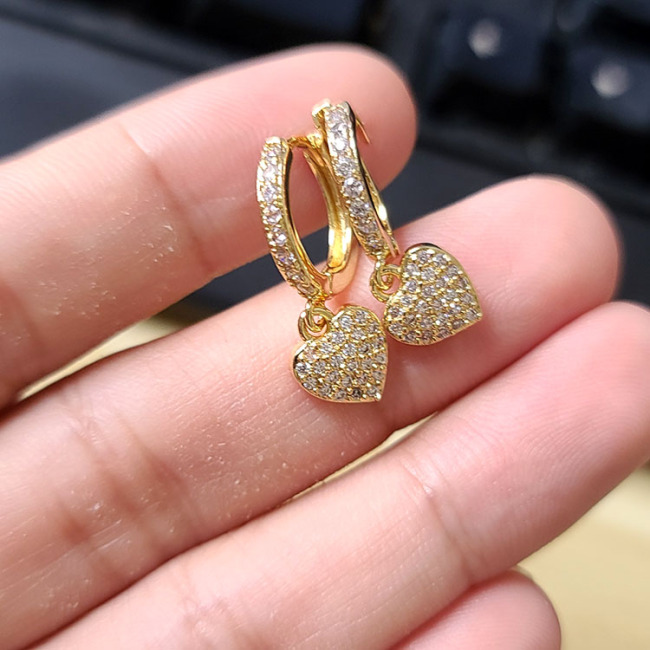 EC1712 Chic Dainty Gold Plated Mini CZ Micro Pave Heart Dangle Charm Huggie Earrings