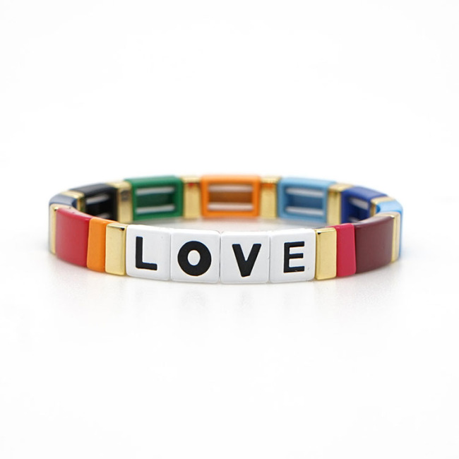BM2011 New Popular Enamel Rainbow Alphabet Love Enameled Crush Colorful Tile Elastic Bracelet for Women Girls