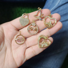 CZ8492 Dainty CZ Micro Pave Jewelry Charms 18k Gold CZ Paved Lock Butterfly Heart Lip Charm Pendants