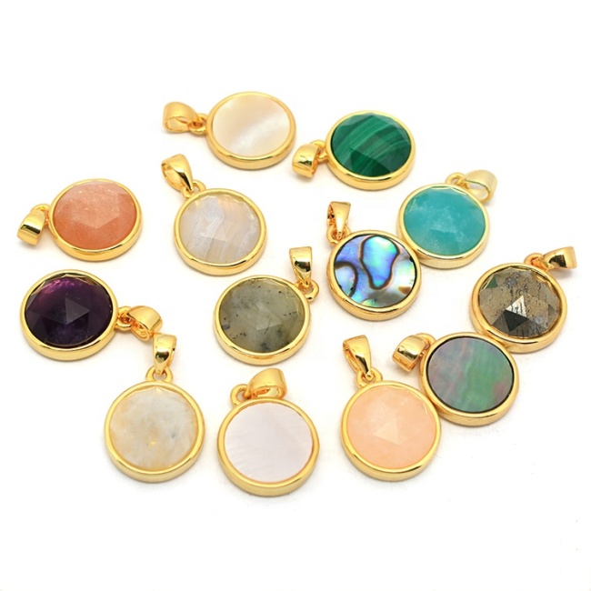 JF7284 New Dainty Faceted Natural Semiprecious Stone Round Pendants,Gold Bezel Faceted Gem Coin Pendant