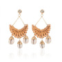 EN1029 2019 Latest Raffia Woven Ratton Wicker with Wire Wrapped Conch Shell Charm Earrings for Women
