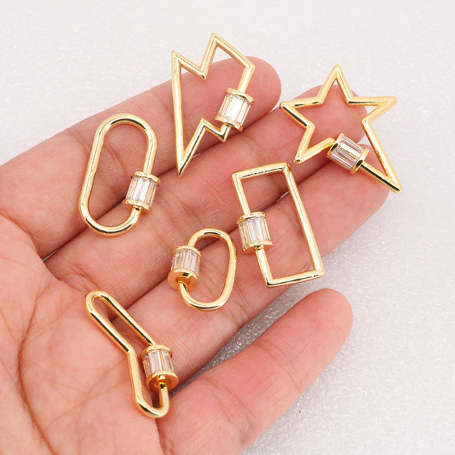 CZ8061 14K Gold Plated Diamond Heart OVal Shape Screw Clasp, CZ Star lightning Bolt Lock  Clasp Buckle Carabiners