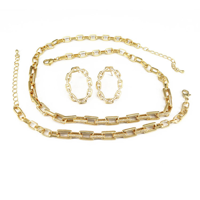 Bling Jewelry CZ Micro Pave Link Chain bracelet and necklace earring set, Zircon Diamond Chain jewelry set for Women