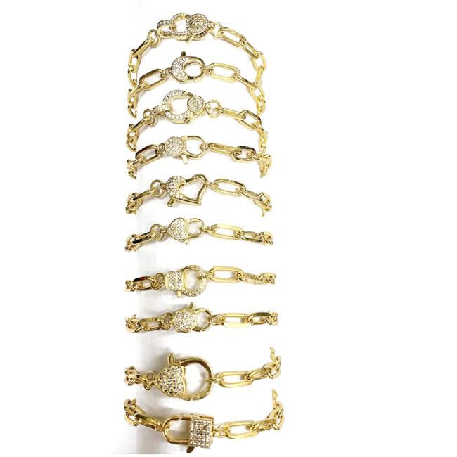 BC1325 Unique 18k Gold Plated Link Chain Bracelet with CZ Paved Heart Lobster Clasp Lock Closure for Ladies Women